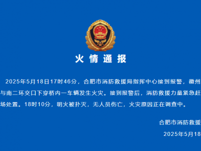 合肥消防：徽州大道与南二环交口下穿桥内一车辆发生火灾，明火被扑灭，无人员伤亡